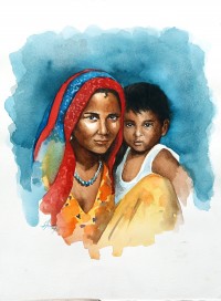 S. A. Noory, Mother & Child, 11 x 14 Inch, Watercolor on Paper, AC-SAN-031